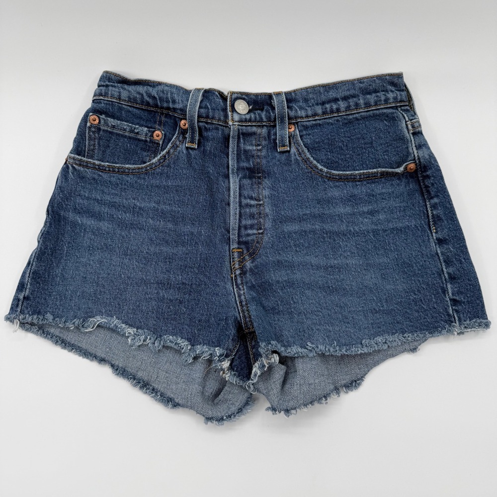 Levis 501 Original High Waisted Cut Off Denim Shorts Medium Wash Blue Button Fly